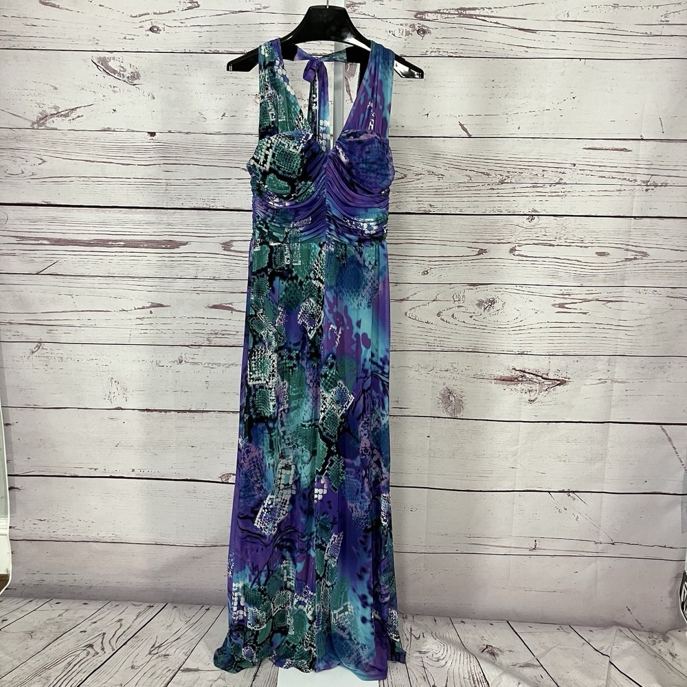 Cache Halter‎ Maxi Dress Womens Size Medium Purple Blue Abstract Ruched Formal